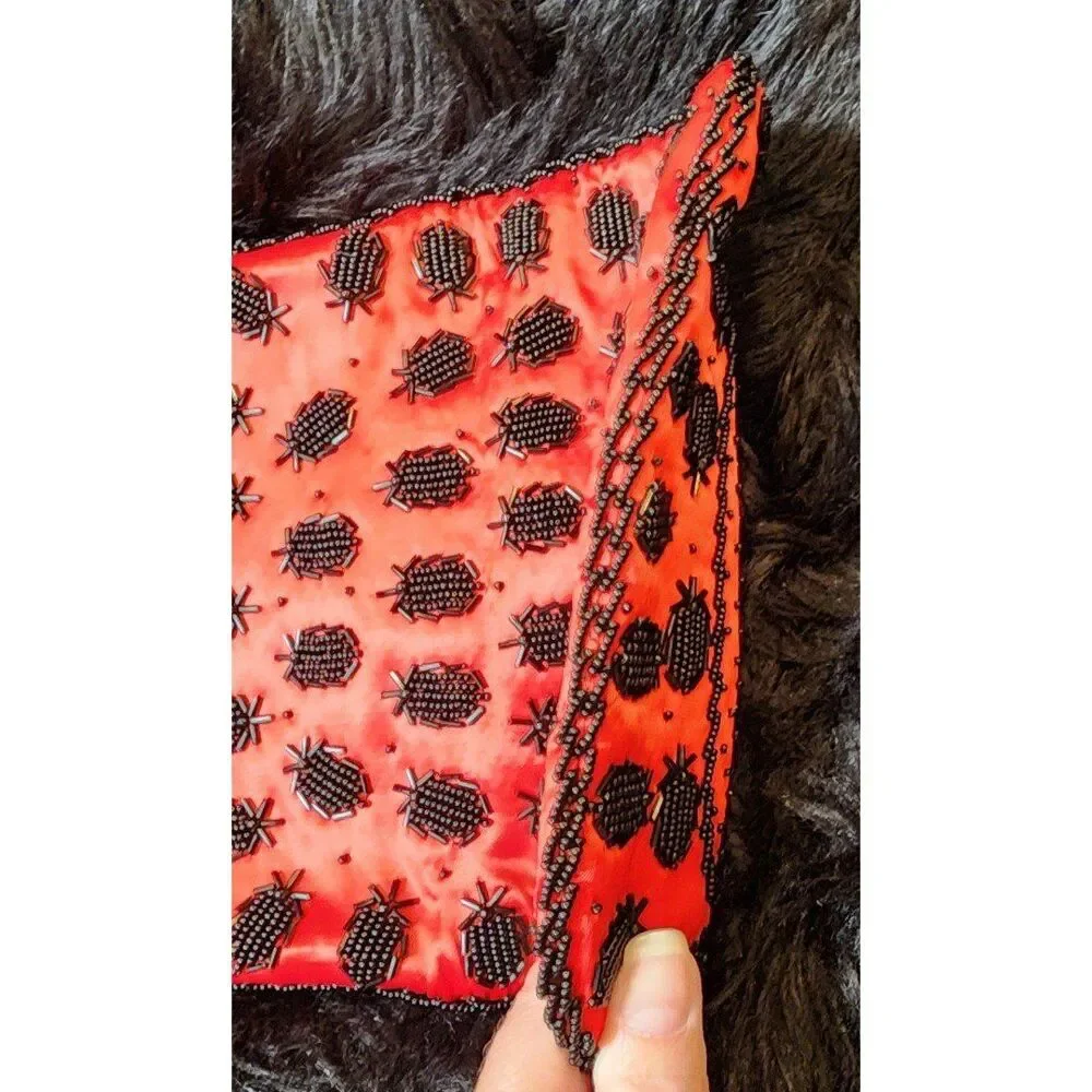 Vintage Fold Over Hand Beaded Pineapple Clutch Purse, Red Satin Black Beads